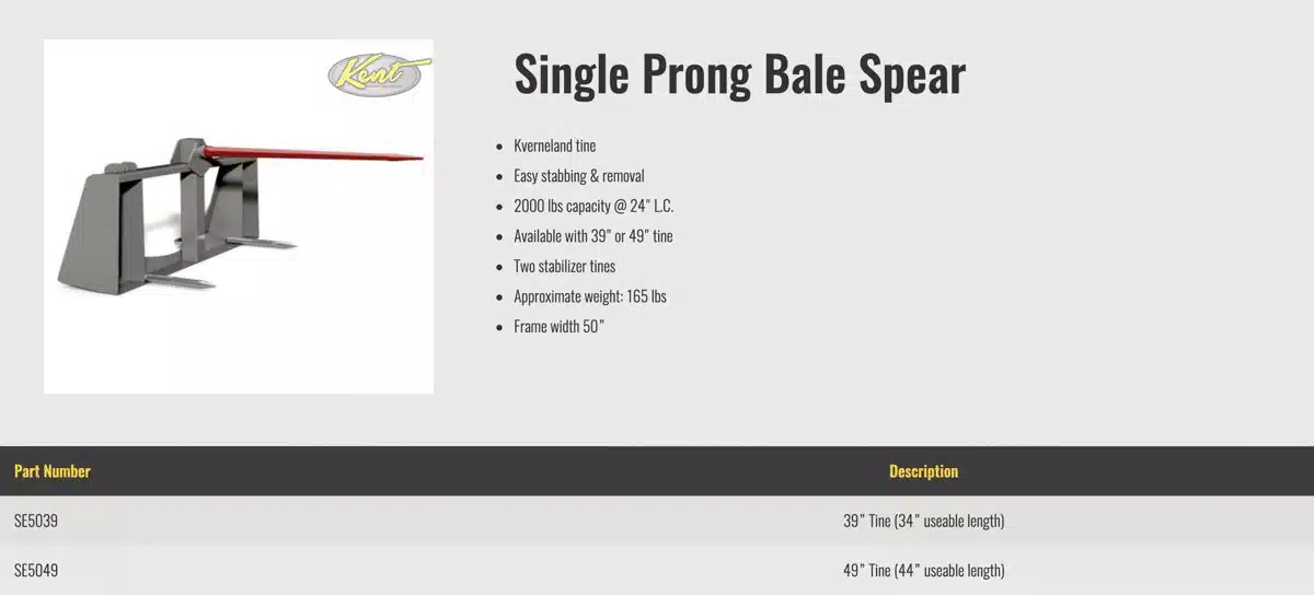 Gallery image 2 for New HLA Attachments DE5039BO500 Bale Spear