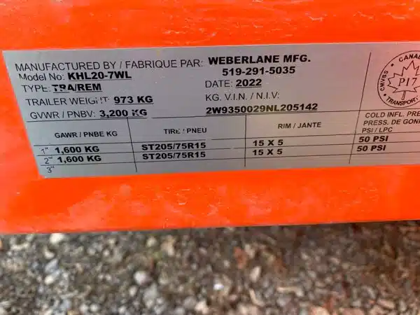 Gallery image 2 for 2022 Weberlane KHL20-7WL Trailer