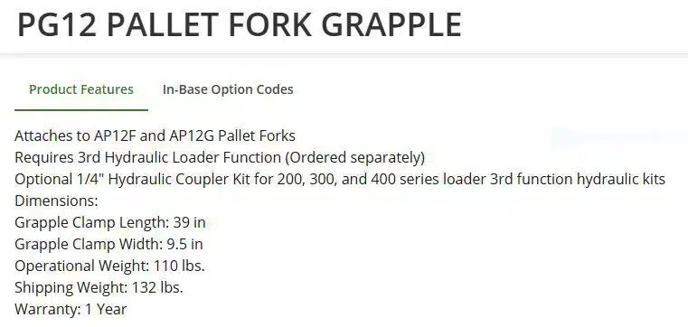 Gallery image 2 for 2020 Frontier PG12 pallet fork Grapple add on Attachment