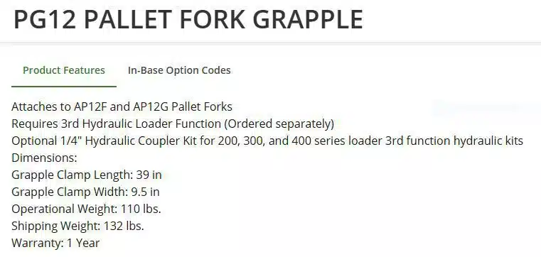 Gallery image 2 for 2022 Frontier PG12 pallet fork Grapple add on Attachment